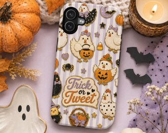 Custodia per telefono con gallina "Dolcetto o scherzetto", divertente custodia per telefono con gallina di Halloween, simpatica stampa di zucca e gallina, custodia per iPhone a righe viola, regalo a tema fattoria
