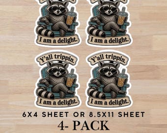 Funny Raccoon Sticker Sheet | Cute Silly Raccoon 4-pack