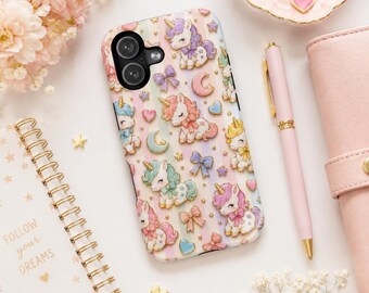 Custodia per telefono con unicorno pastello, graziosa custodia con unicorno e fiocco kawaii, stampa a righe arcobaleno, luna e stelle, dolce custodia per iPhone con unicorno, regalo