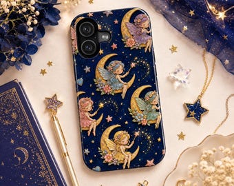 Custodia per telefono con fata della luna, custodia con fata del cielo notturno celeste, stampa con graziosa bacchetta magica a forma di luna crescente e stelle, custodia per iPhone in stile fiabesco, regalo per lei
