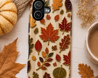 Custodia per telefono con foglie autunnali, custodia con contorno dorato a tema fogliame autunnale, stampa di foglie di acero e quercia, custodia botanica autunnale per iPhone, regalo a tema natura autunnale