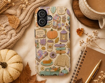 Custodia per telefono con adesivo autunnale alla lavanda, custodia con maglione a tema zucche e meteo, graziosa stampa di camioncino autunnale viola pastello, custodia per iPhone autunnale
