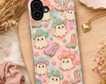 Custodia per telefono con fantasma cowboy pastello, custodia con stivali da cowboy fantasma carini, stampa di Halloween da cowgirl kawaii, custodia per iPhone con cappello da cowboy rosa