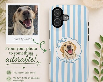 Custom Pet Portrait Phone Case, Personalized Dog Name Case, Enamel Pin Style Pet Illustration, Blue Striped iPhone Case, Gift
