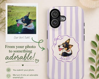 Custodia per telefono personalizzata con ritratto di animale domestico, custodia personalizzata con nome del cane, illustrazione di animale domestico in stile spilla smaltata, custodia per iPhone a righe viola, regalo