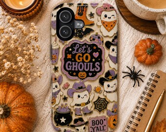 Custodia per telefono Let's Go Ghouls, custodia per Halloween con fantasma cowboy, stampa western carina Boo Y'all, custodia per iPhone con fantasma cowgirl, Boo Y'all
