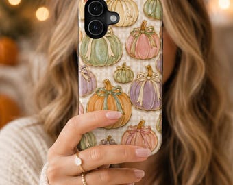 Custodia per telefono con zucca pastello, custodia autunnale con fiocco, zucca e quadretti, graziosa stampa autunnale con zucche, custodia per iPhone autunnale dai colori tenui, regalo
