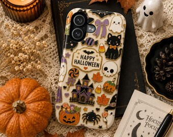 Custodia per telefono con adesivo di Halloween, custodia carina in stile Kawaii per Halloween, stampa di casa stregata con gatto nero e fantasma, custodia per iPhone a forma di caramella di mais.