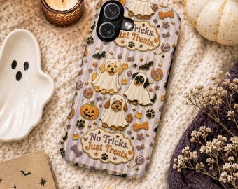 Niente scherzi, solo dolcetti, custodia per telefono con cane, custodia per Halloween con cucciolo fantasma, stampa di un simpatico costume da cane, custodia per iPhone a righe viola, per amanti dei cani