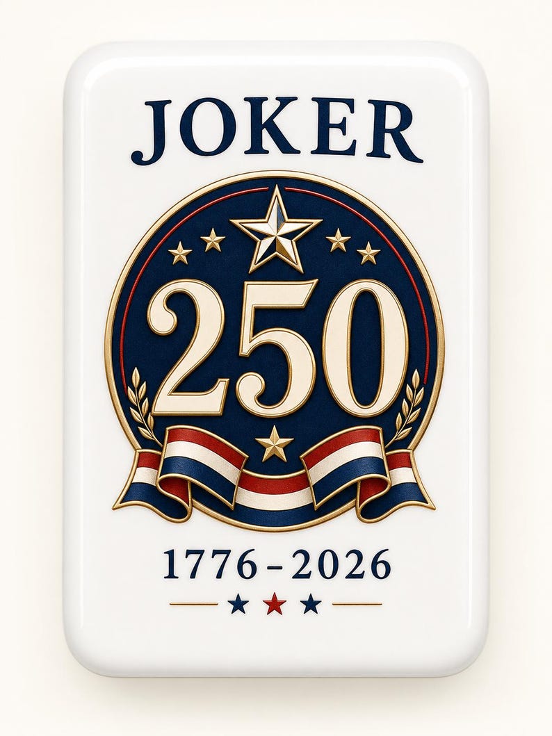 May include: A rectangular white card featuring the word JOKER in dark blue text at the top. A central circular emblem displays the number 250 in gold, surrounded by stars, a laurel wreath, and a red, white, and blue ribbon. The dates 1776-2026 appear below.