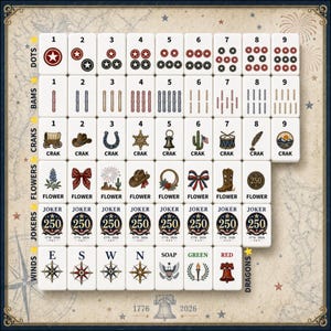 May include: A complete set of Mahjong tiles featuring American-themed illustrations. The tiles include dots, bams, craks with western icons, flowers, jokers marked 1776-2026, and wind tiles with compass designs, all arranged in a grid on a light background.