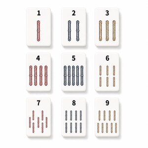 May include: A set of nine white rectangular mahjong tiles arranged in a three-by-three grid. Each tile features a black numeral from one to nine at the top and a corresponding number of vertical rope-like icons in red, blue, or brown ink.
