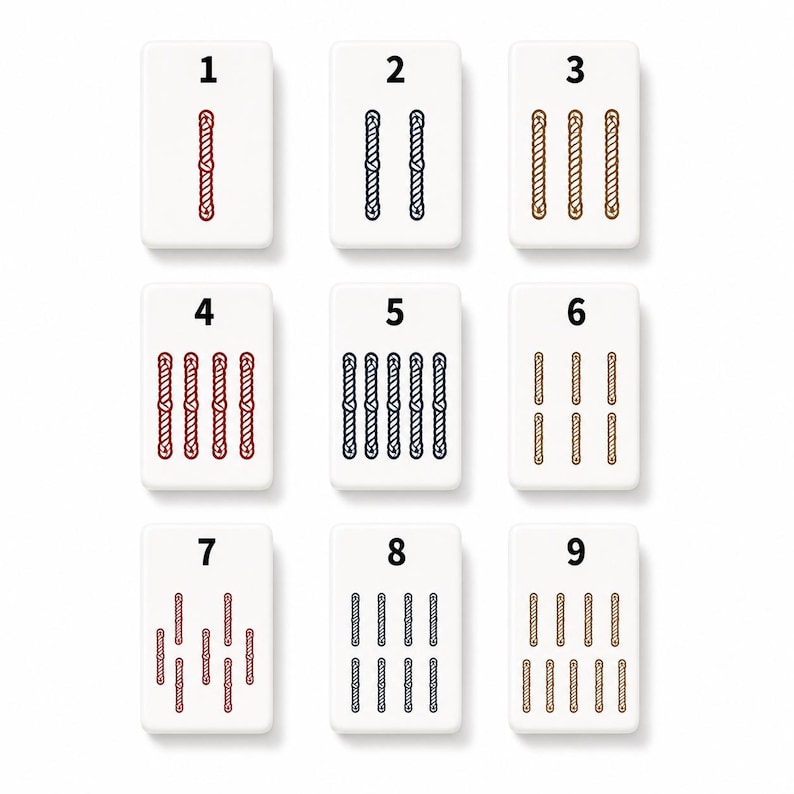 May include: A set of nine white rectangular mahjong tiles arranged in a three-by-three grid. Each tile features a black numeral from one to nine at the top and a corresponding number of vertical rope-like icons in red, blue, or brown ink.