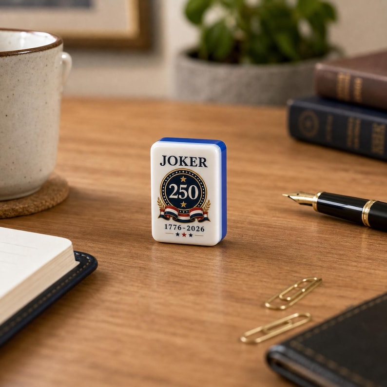 May include: A white rectangular mahjong tile with blue edges featuring the text JOKER at the top, a central circular emblem with the number 250, laurel branches, a red, white, and blue ribbon, and the dates 1776-2026 with three small stars below.