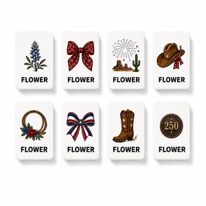 May include: Eight white rectangular tiles arranged in two rows, each featuring a unique illustration and the word FLOWER printed in black. Designs include a blue lupine, red patterned bow, desert scene, cowboy hat, rope wreath, patriotic bow, cowboy boot, and a circular 250 emblem.