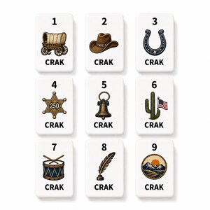 May include: A set of nine white rectangular tiles arranged in a grid, each labeled with a number from one to nine and the word CRAK. The tiles feature illustrations of a covered wagon, cowboy hat, horseshoe, sheriff star, bell, cactus with flag, drum, quill, and mountains.