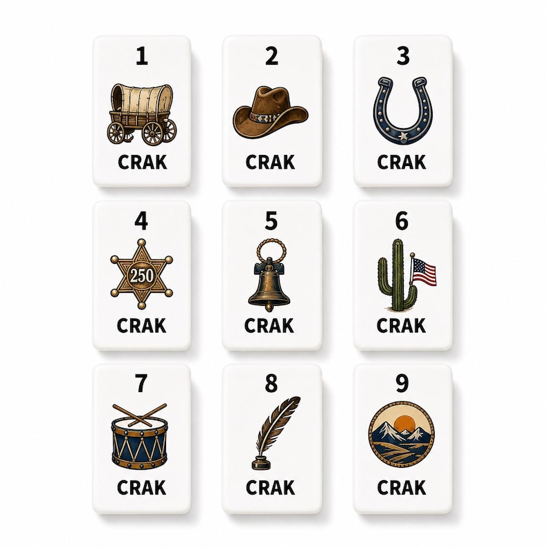 May include: A set of nine white rectangular tiles arranged in a grid, each labeled with a number from one to nine and the word CRAK. The tiles feature illustrations of a covered wagon, cowboy hat, horseshoe, sheriff star, bell, cactus with flag, drum, quill, and mountains.