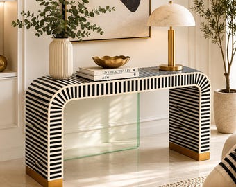 Handmade Bone Inlay Console Table - Black & White Waterfall Design