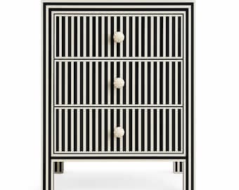 Handmade Bone Inlay Stripe Pattern Nightstand Black White Bedside Table with Three Drawers