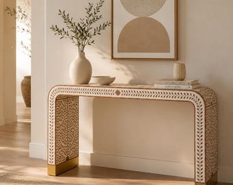 Handmade Wooden Bone Inlay Modern Floral Console Table for Luxury Entryway Hallway Home Decor