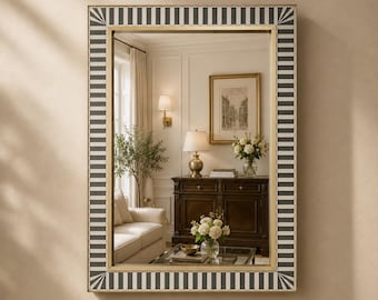 Luxury Handmade Bone Inlay Wall Mirror with Brass Trim