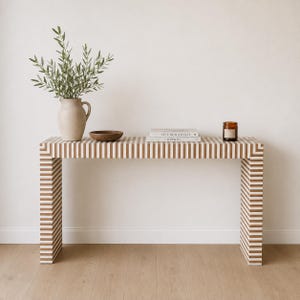Handcrafted Bone Inlay Console Table, Striped Waterfall Entryway Table, Custom Size Luxury Hallway Furniture