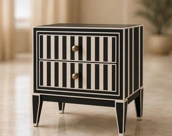 Black Bone Inlay Nightstand | 2 Drawer Luxury Bedside Table