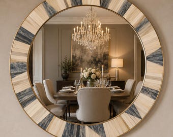 Handmade Sunburst Round Bone Inlay Mirror Luxury Wall Decor with Brass Trim