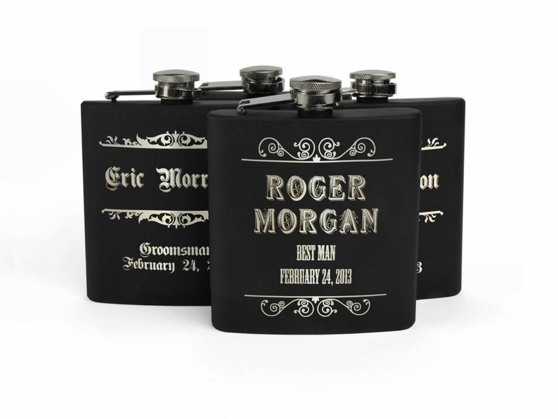 Personalized Groomsmen Gifts, Best Man Gift, Stainless Steel Flask, Wedding Party gifts, Gifts for Groomsmen, Set of 4 Engraved Flasks image 1