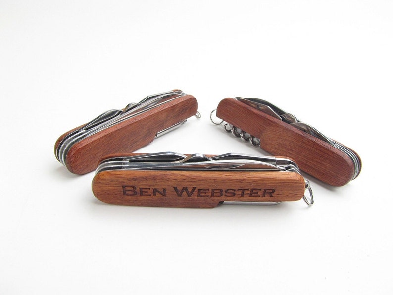 3 Laser Engraved Wood Pocket Knives Personalized Gift for Groomsmen, Best Man, Usher, Ring Bearer, Wedding Keepsake image 1