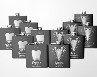 12 Personalized Bridal Party Gifts, Stainless Steel Engraved Wedding Flasks, Groomsmen Gifts, Bridesmaid Gifts, 12 Flasks