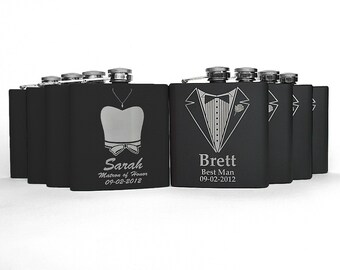 Bridal Party Gifts, 10 Stainless Steel Engraved Wedding Flasks, Gifts for Groomsmen, Gifts for Bridesmaids, 10 Flasks