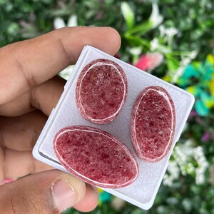Peut inclure: Trois cabochons de quartz fraise rose foncé de forme ovale, dotés d'une surface cristalline texturée et de bords polis. Les pierres sont disposées dans une boîte de présentation en plastique blanc avec un insert en mousse blanche.