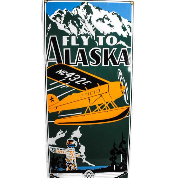 Vintage Aviation Sign - Alaska Washington Airways Sign, Porcelain Travel Sign, Enamel on Metal Sign, Retro Alaska Travel Sign