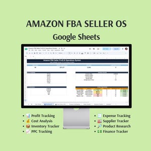 Może przedstawiać: Monitor komputerowy wyświetlający pulpit nawigacyjny Amazon FBA Seller OS w arkuszach Google. Ekran pokazuje dane finansowe, śledzenie zysków i wskaźniki zapasów. Pod monitorem znajduje się lista obejmująca śledzenie zysków, kosztów, zapasów, PPC, wydatków, dostawców, badań produktów i finansów.
