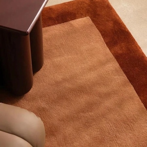 May include: A rectangular area rug featuring a two-tone design with a light terracotta center and a darker, deep rust-colored border. The rug has a short, dense pile texture and is positioned near a dark brown furniture piece and a beige object.