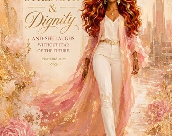 Peut inclure: Une personne aux longs cheveux ondulés auburn portant une couronne dorée, un chemisier blanc, un pantalon blanc et un long gilet rose et doré. L'image contient le texte : SHE IS CLOTHED WITH STRENGTH & DIGNITY AND SHE LAUGHS WITHOUT FEAR OF THE FUTURE. PROVERBS 31:25.