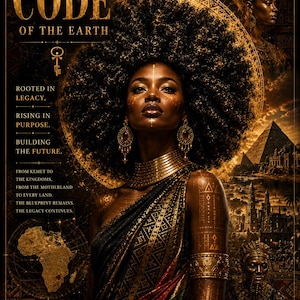 May include: A digital art print titled THE CODE OF THE EARTH featuring a person with a large afro, gold jewelry, and patterned clothing. The background displays a map of Africa, pyramids, and ancient architecture in gold and black tones with text.