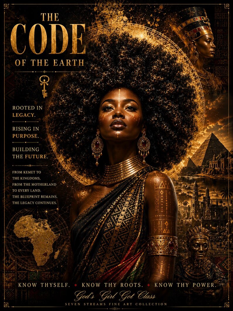 K&ouml;nnte beinhalten: Ein digitaler Kunstdruck mit dem Titel THE CODE OF THE EARTH, der eine Person mit gro&szlig;em Afro, goldenem Schmuck und gemusterter Kleidung zeigt. Der Hintergrund zeigt eine Karte von Afrika, Pyramiden und antike Architektur in Gold- und Schwarzt&ouml;nen.