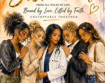 Puede incluir: Una ilustración estilo acuarela de cinco personas diversas de pie juntas. El texto dice: Sisterhood, FROM ALL WALKS OF LIFE. Bound by Love. Lifted by Faith. UNSTOPPABLE TOGETHER. Una persona viste una bata médica blanca con un estetoscopio.