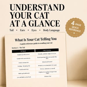 May include: A beige 4-page quick reference guide titled Understand Your Cat At A Glance. It features a table titled What Is Your Cat Telling You, detailing tail signals and their meanings, including upright, swaying, swishing, and puffed up.