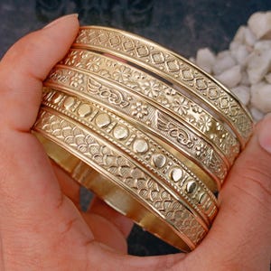 Handmade Solid Brass Bangle Set of 5: Boho Design Jewelry Gift For Her
