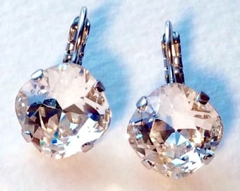 Austrian Crystal Lever-Back Drop Earrings, 12mm Cushion Cut