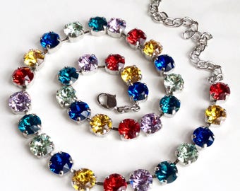 The Finest Crystal 8.5mm Necklace  - Red, Yellow, Blue, Violet + - Happy & Bright Rainbow Colors - Cathie Nilson Design - FREE SHIPPING
