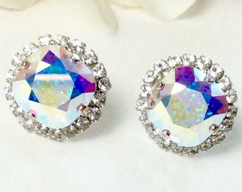 The Finest Crystal 12MM Cushion Cut Stud Earrings With Gorgeous Halo -  Aurora  Borealis With Crystal Halo - Beautiful!