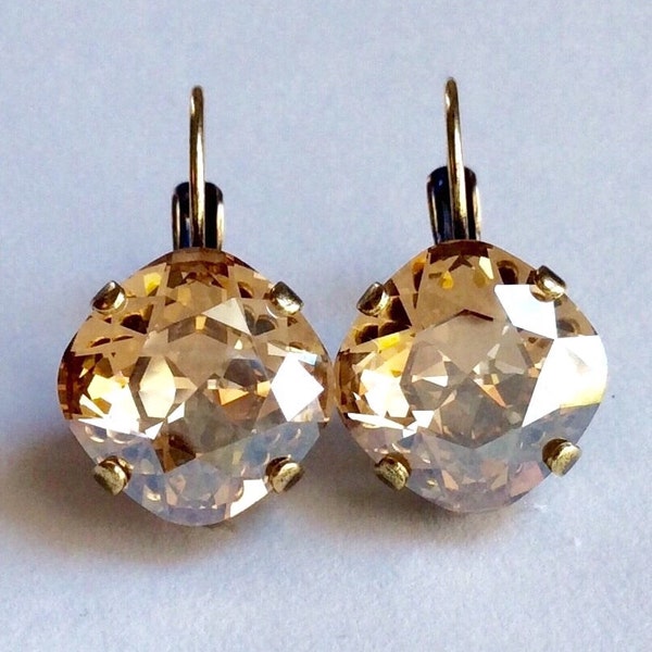 The Finest Crystal 12MM Cushion Cut, Lever- Back Drop, or Stud Earrings - Gorgeous Golden Shadow -  Beautiful! - SALE - Cathie Nilson Design