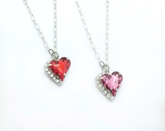 The Finest Crystal Valentine Heart Pendant -  Lt. Siam Red or Rose Pink Heart With Crystal Accents - Cathie Nilson Design - FREE Shipping