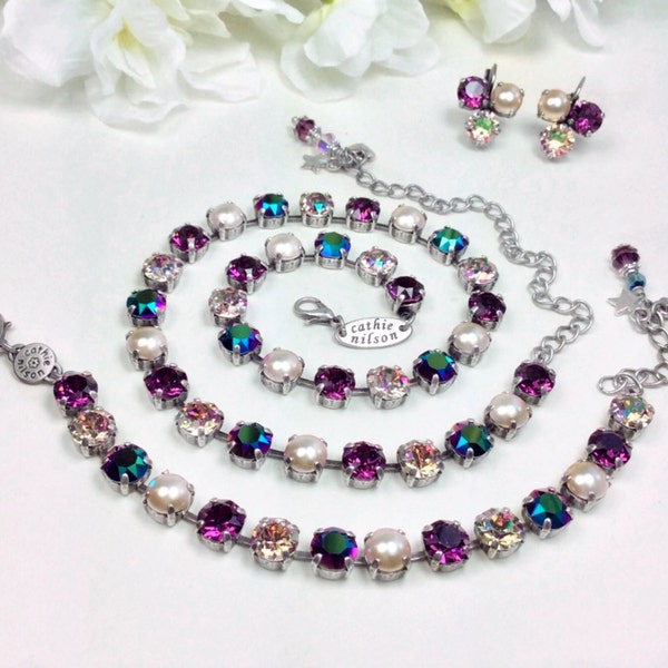 The Finest Crystal & Pearl 8.5mm Necklace - Gorgeous Off-Beat Shades -Amethyst, Purple Haze, Scarabaeus Green, Lt.Gold Pearls -FREE SHIPPING