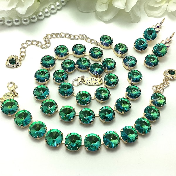 The Finest Crystal 12MM Necklace, Bracelet, Earrings -  The Mysterious & Multi- Hued - Green Sphinx -  Cathie Nilson Design -  FREE SHIPPING