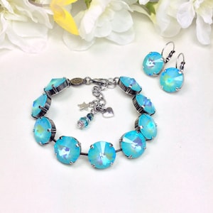 Austrian Crystal Bracelet/Earrings/Five Stone Pendant - 14MM Radiant UltraTurquoise AB Crystals -Gorgeous Shimmering Color - FREE SHIPPING